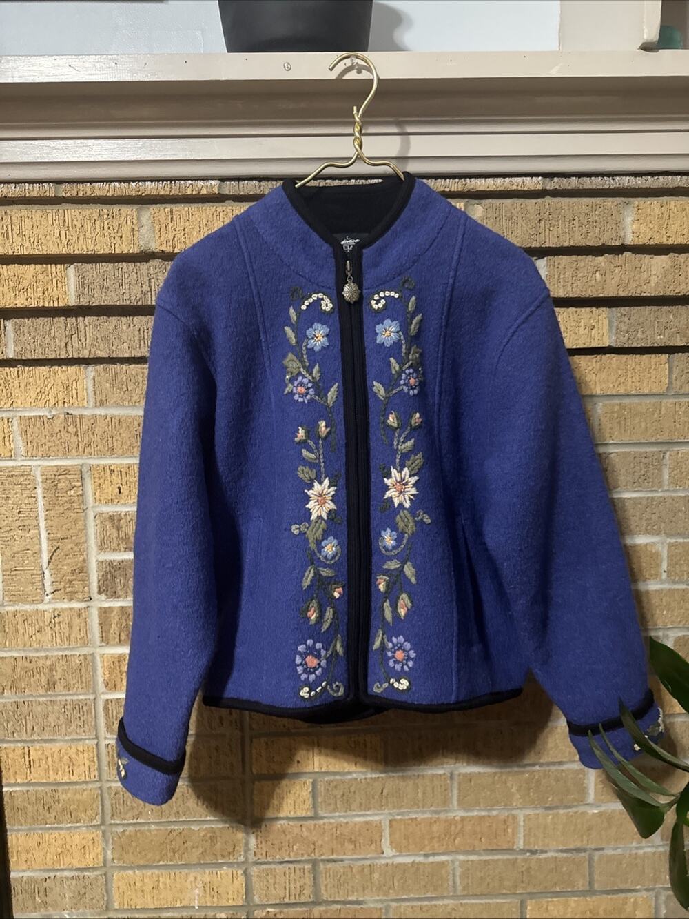 EUC Vtg Icelandic Design Blue Boiled Wool Full Zip Cardigan Jacket Floral Size L